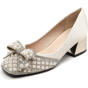 image:imageHee grand Womens Rhinestone Pearl Bow Square Toe Block Heel Pumps Slip On Chunky Low Heel Dress Shoes Comfortable Wedding Bridal Party Office Work Shoes for Ladies158apricot