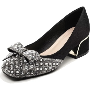 image:imageHee grand Womens Rhinestone Pearl Bow Square Toe Block Heel Pumps Slip On Chunky Low Heel Dress Shoes Comfortable Wedding Bridal Party Office Work Shoes for Ladies158black