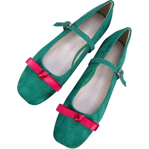 image:imageHee grand Womens Square Toe Bowknot Mary Jane Shoes Ankle Strap Ballet Flats Comfortable Suede Dress ShoesGrass Green