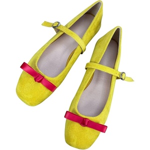 image:imageHee grand Womens Square Toe Bowknot Mary Jane Shoes Ankle Strap Ballet Flats Comfortable Suede Dress ShoesLemon Yellow