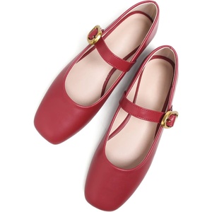 image:imageHee grand Womens Square Toe Mary Jane Shoes Ankle Strap Ballet Flats Comfortable PU Leather Dress ShoesDark Red