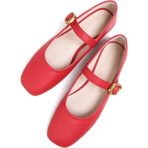 image:imageHee grand Womens Square Toe Mary Jane Shoes Ankle Strap Ballet Flats Comfortable PU Leather Dress ShoesRed