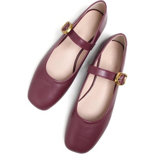 image:imageHee grand Womens Square Toe Mary Jane Shoes Ankle Strap Ballet Flats Comfortable PU Leather Dress ShoesWine Red